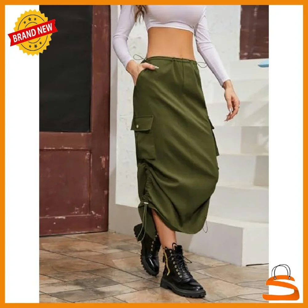 Y2K Cargo Maxi Skirt with Drawstring Waist and Side Pockets - Picture 4 of 7
